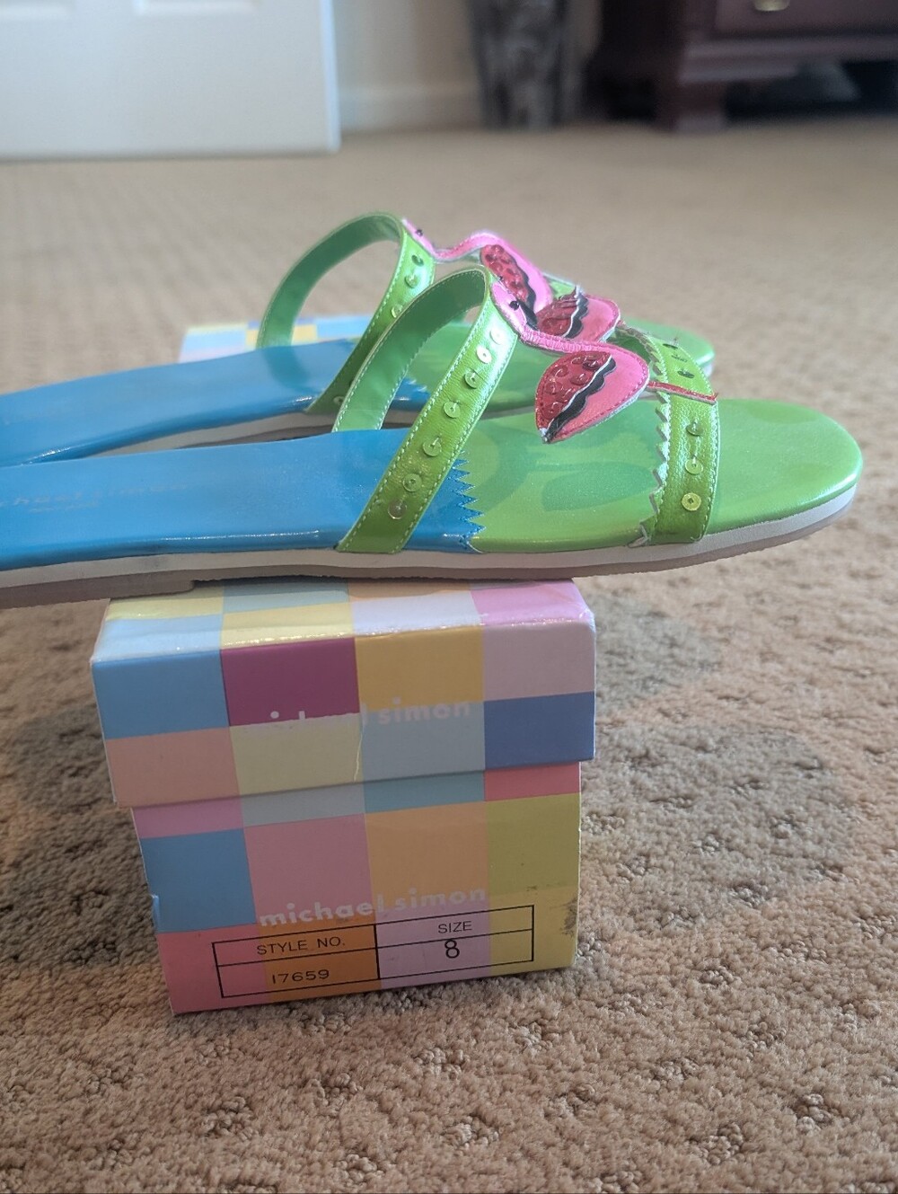Michael Simon Size 8 Flamingo Sandals Green Pink Blue - Picture 5 of 8